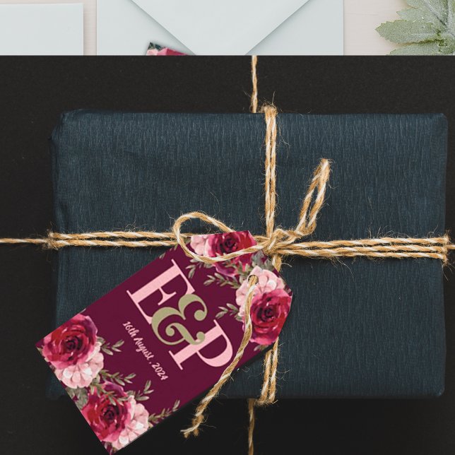 Söt Monogram Burgundy  Rosa Blommigt Bröllop Presentetikett (Skapare uppladdad)