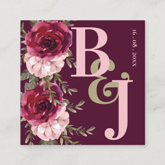 Söt Monogram Burgundy  Rosa Blommigt Bröllop Tilläggskort (Framsida)
