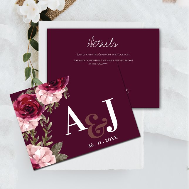 Söt Monogram Burgundy  Rosa Blommigt Bröllop Tilläggskort (Pretty Monogram Burgundy Blush Pink Floral Wedding Enclosure Details Card)