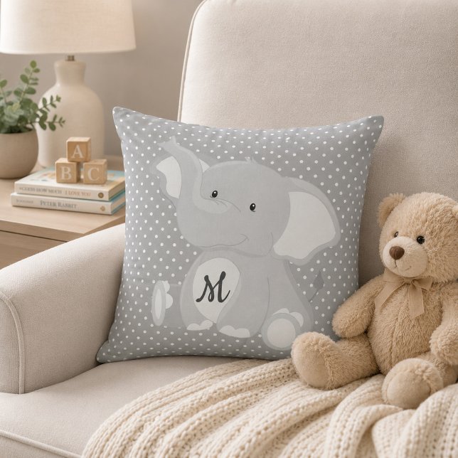Söt monogram elefant grå och vit prickig bakgrund kudde (Skapare uppladdad)