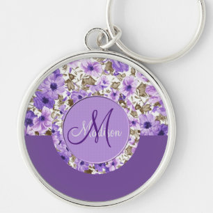Söt Monogram Lila & vit Blommigt Nyckelring 3