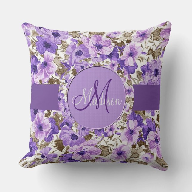 Söt Monogram Lila & vit Blommigt Pillow 2 Kudde (Framsida)