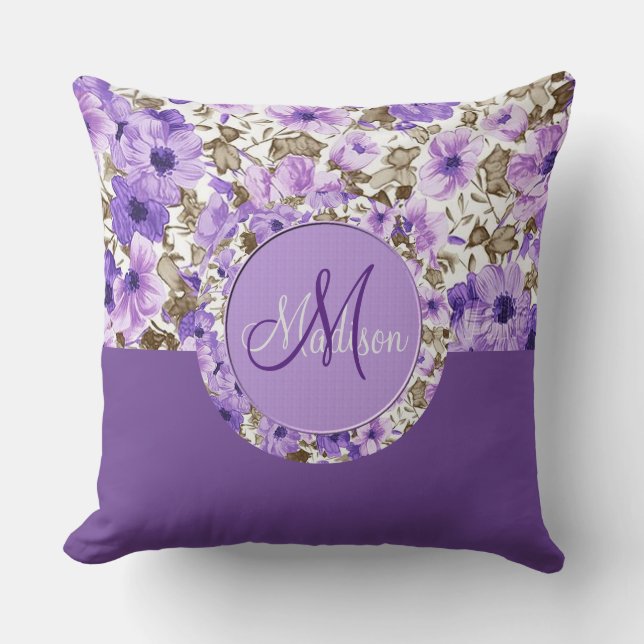 Söt Monogram Lila & vit Blommigt Pillow 3 Kudde (Framsida)