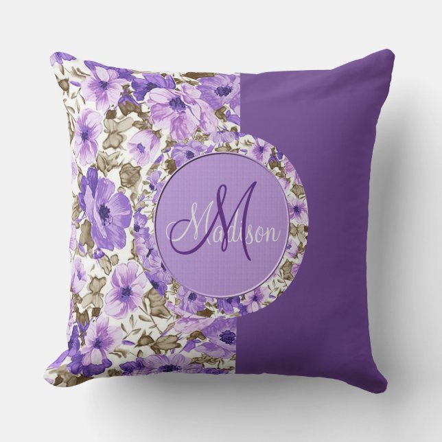 Söt Monogram Lila & vit Blommigt Pillow 4 Kudde (Framsida)