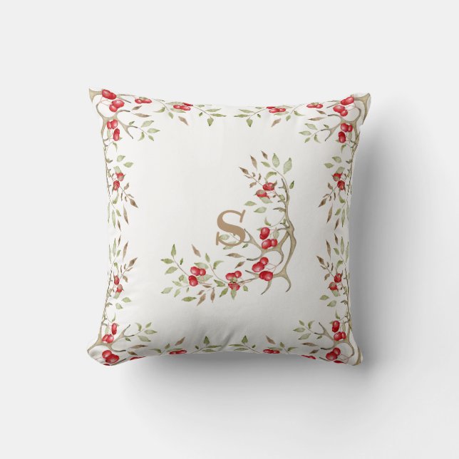 Söt Monogram Red Berries jul Hjort Antlers Kudde (Framsida)