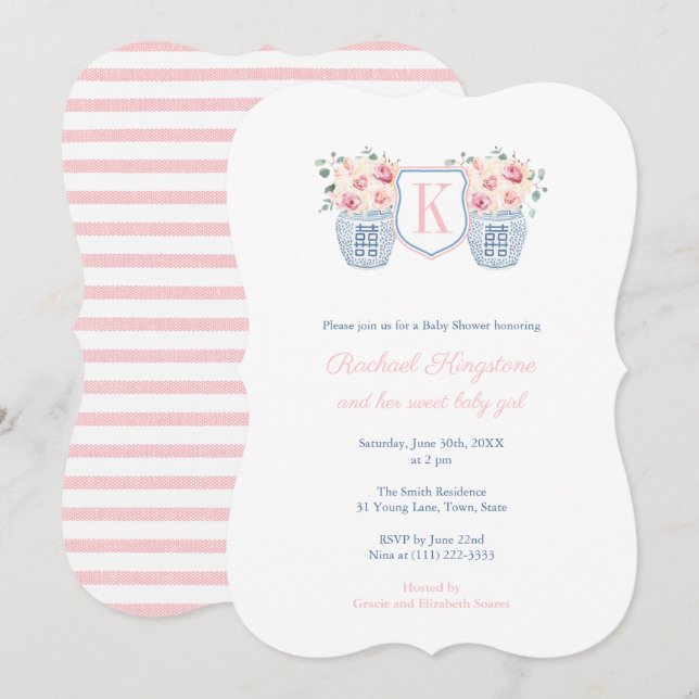 Söt Monogram Rosa ros Little Girl Baby Shower Inbjudningar (Fram/baksida)