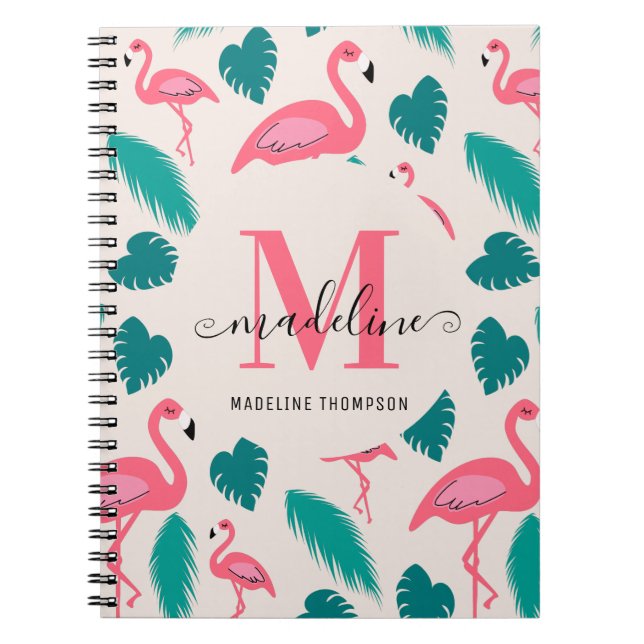 Söt monogram tropiska blad het rosa flamingo anteckningsbok (Framsidan)