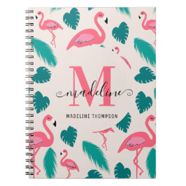 Söt monogram tropiska blad hetrosa flamingo anteckningsbok