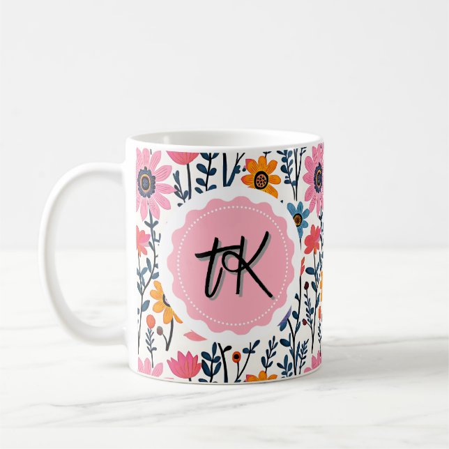 Söt Monogrammerade pikfärgade blommor Kaffemugg (Vänster)