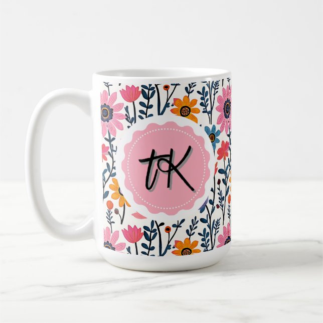 Söt Monogrammerade pikfärgade blommor Kaffemugg (Vänster)
