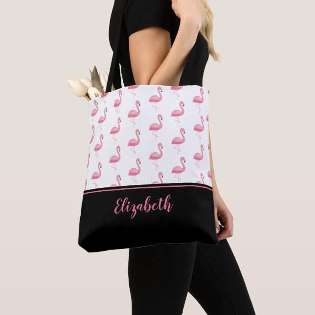 Söt monogramnamn rosa flamingo snygg och tjejig tygkasse (Närbild)