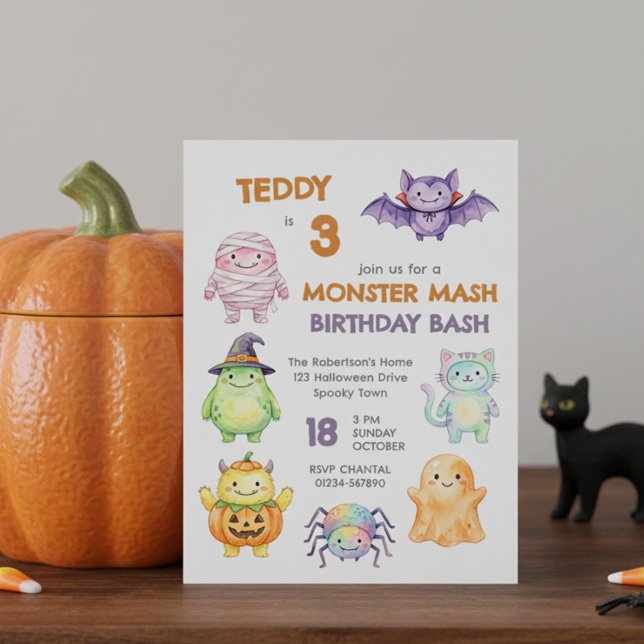 Söt Monster Mash Födelsedagsfest Barn Halloween Inbjudningar (Monster Mash Birthday Bash editable age kids birthday invitation by Darling & May)