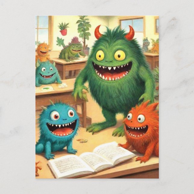 Söt monster skolpostkort vykort (Framsida)