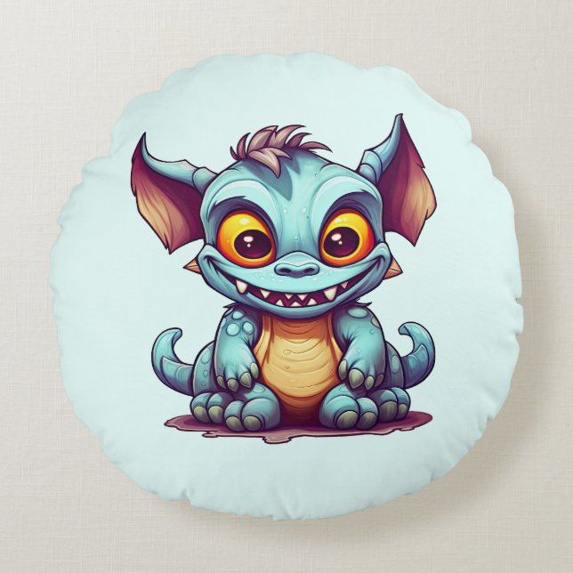 Söt monsterdrake Lille Tom Rund Kudde (Framsidan)