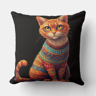 Söt Mönstrad Katt Illustration Folk Art Stil Kudde