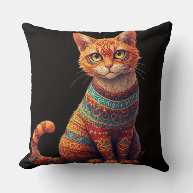 Söt Mönstrad Katt Illustration Folk Art Stil Kudde (Framsida)
