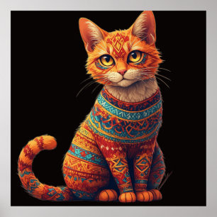 Söt Mönstrad Katt Illustration Folk Art Stil Poster