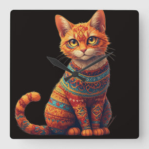Söt Mönstrad Katt Illustration Folklig Konststil Fyrkantig Klocka