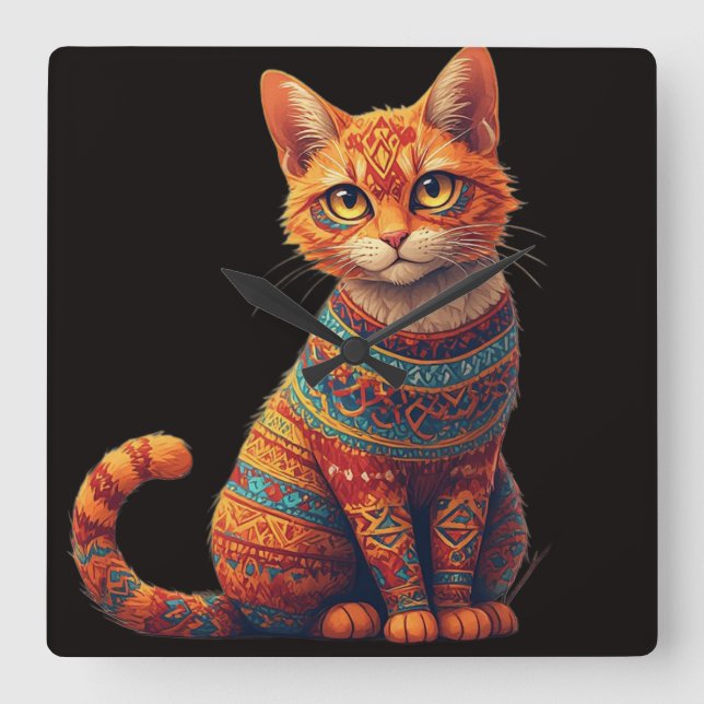Söt Mönstrad Katt Illustration Folklig Konststil Fyrkantig Klocka (Framsida)