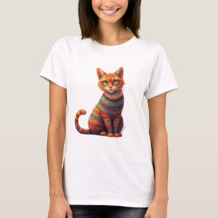 Söt Mönstrad Katt Illustration Folklig Konststil T Shirt