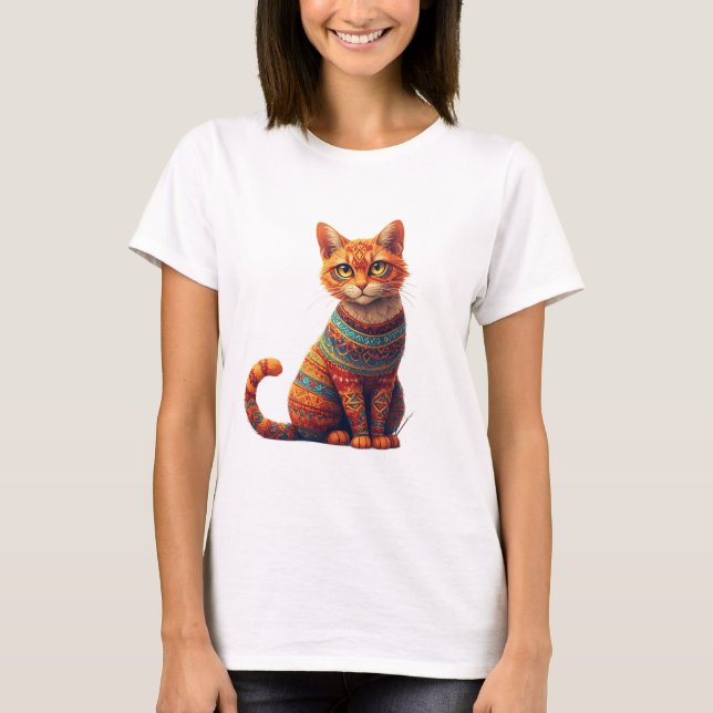 Söt Mönstrad Katt Illustration Folklig Konststil T Shirt (Framsida)