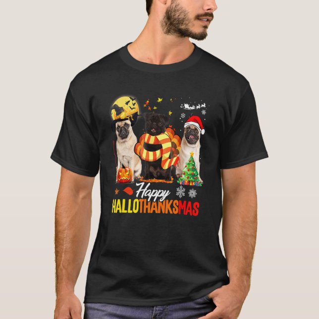 Söt Mops Glad Hallothanksmas Halloween Tackgivelse T Shirt (Framsida)
