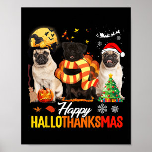 Söt Mops Glad Hallothanksmas Halloween Tackgivning Poster