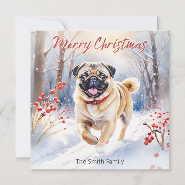 Söt Mops Hund I Snö Akvarell God Jul Julkort (Framsida)