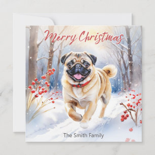 Söt Mops Hund I Snö Akvarell God Jul Julkort