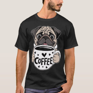 Söt Mops-hund som håller en kopp kaffe, hjärtan T Shirt