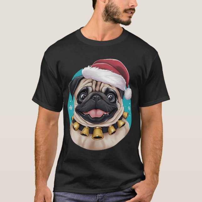 Söt Mops I Julhatt - Rolig T Shirt (Framsida)