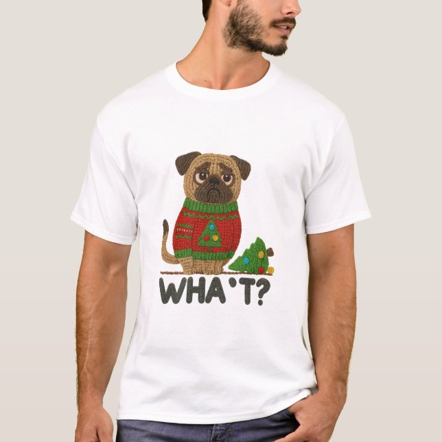 Söt Mops i Jultröja med Roligt  T Shirt (Framsida)