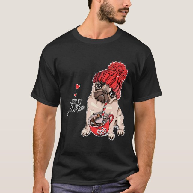Söt Mops Med Haf Stickad Och Kaffe T Shirt (Framsida)