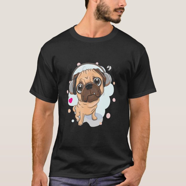 Söt Mops Med Hörlurar Mops Ägare Hund Mops T Shirt (Framsida)