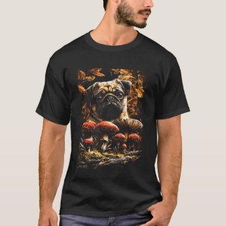 Söt Mops med Höstlöv Svampar Höst Hund Estetik T Shirt