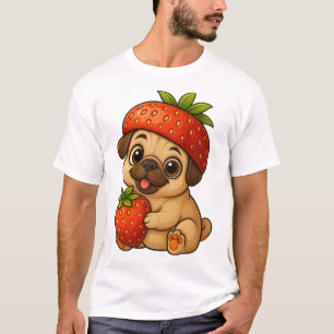 Söt mops med jordgubbar fruktig rolig serie t shirt