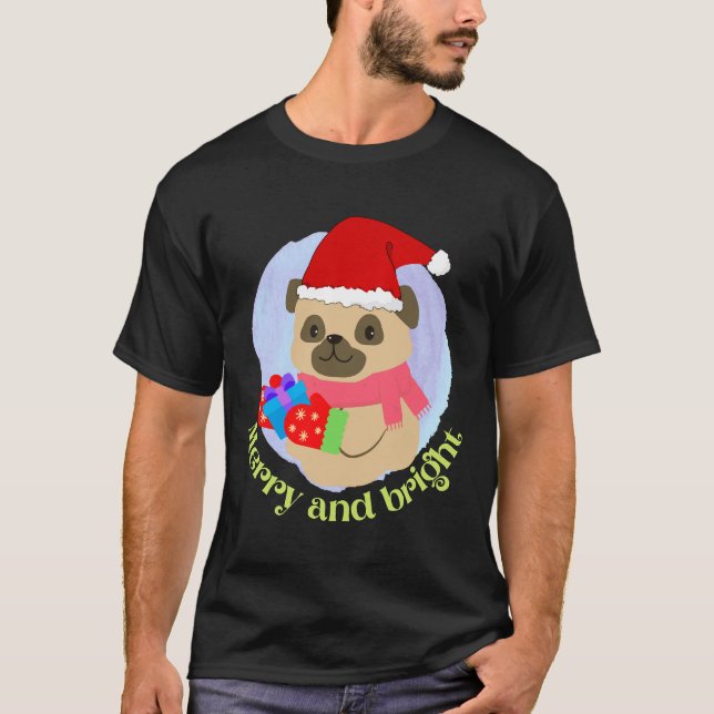 Söt Mops Valp i Julhatt fick Julpresent T Shirt (Framsida)