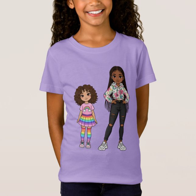 Söt mor och dotter regnbågsillustration flicka t shirt (Framsida)