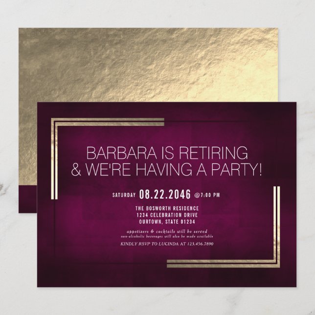 Söt Mörk Rosa/Guld Pension Party Inbjudningar (Fram/baksida)
