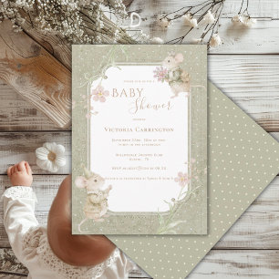 Söt Möss Sagegrön Blommig Vintage Babykalas Inbjudningar