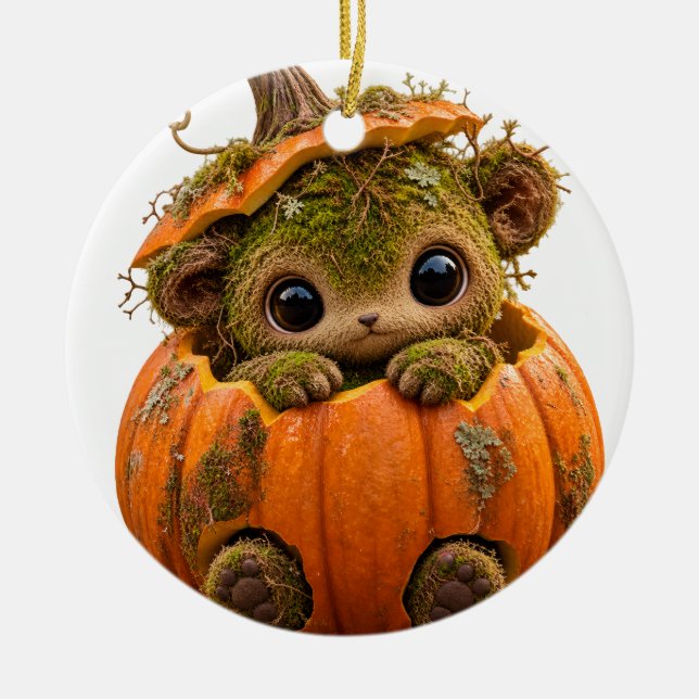 Söt Mossig Pumpa Varelsetikett Julgransprydnad Keramik (Framsidan)