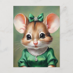 Söt Mouse w/Grönt Dress Art Vykort