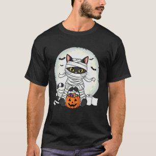 Söt Mumie Svart Katt Halloween Kostym Rolig Trick T Shirt
