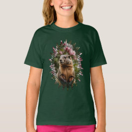 Söt Murmeldjur Med Rosa Rhododendron Bakgrund T Shirt