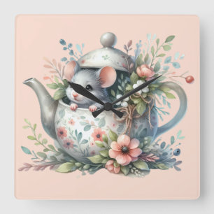 Söt mus i blomsterdekorerad tekanna illustration fyrkantig klocka