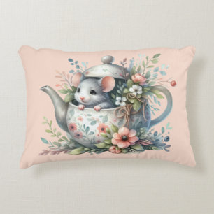 Söt mus i blomsterdekorerad tekanna illustration prydnadskudde