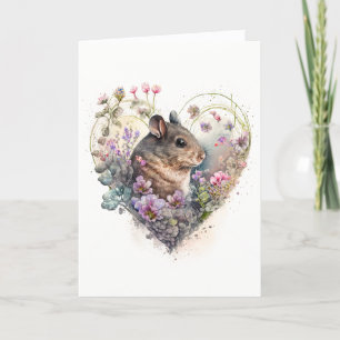 Söt mus med Lila blommor Alla hjärtans dag Helgkort