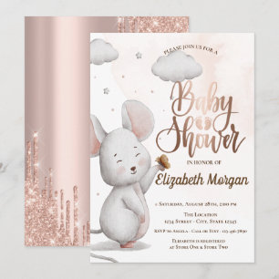 Söt mus Rosa guld glitterdropar Baby Shower I Inbjudningar