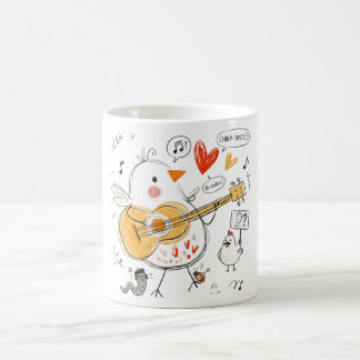 Söt musikalisk kyckling spelar akustisk gitarr kaffemugg