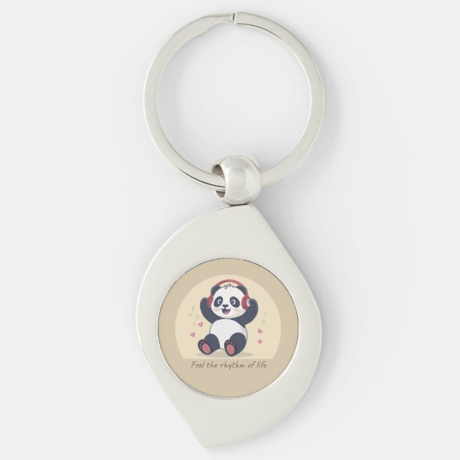 Söt musikpanda swirl silverfärgad nyckelring (Framsidan)